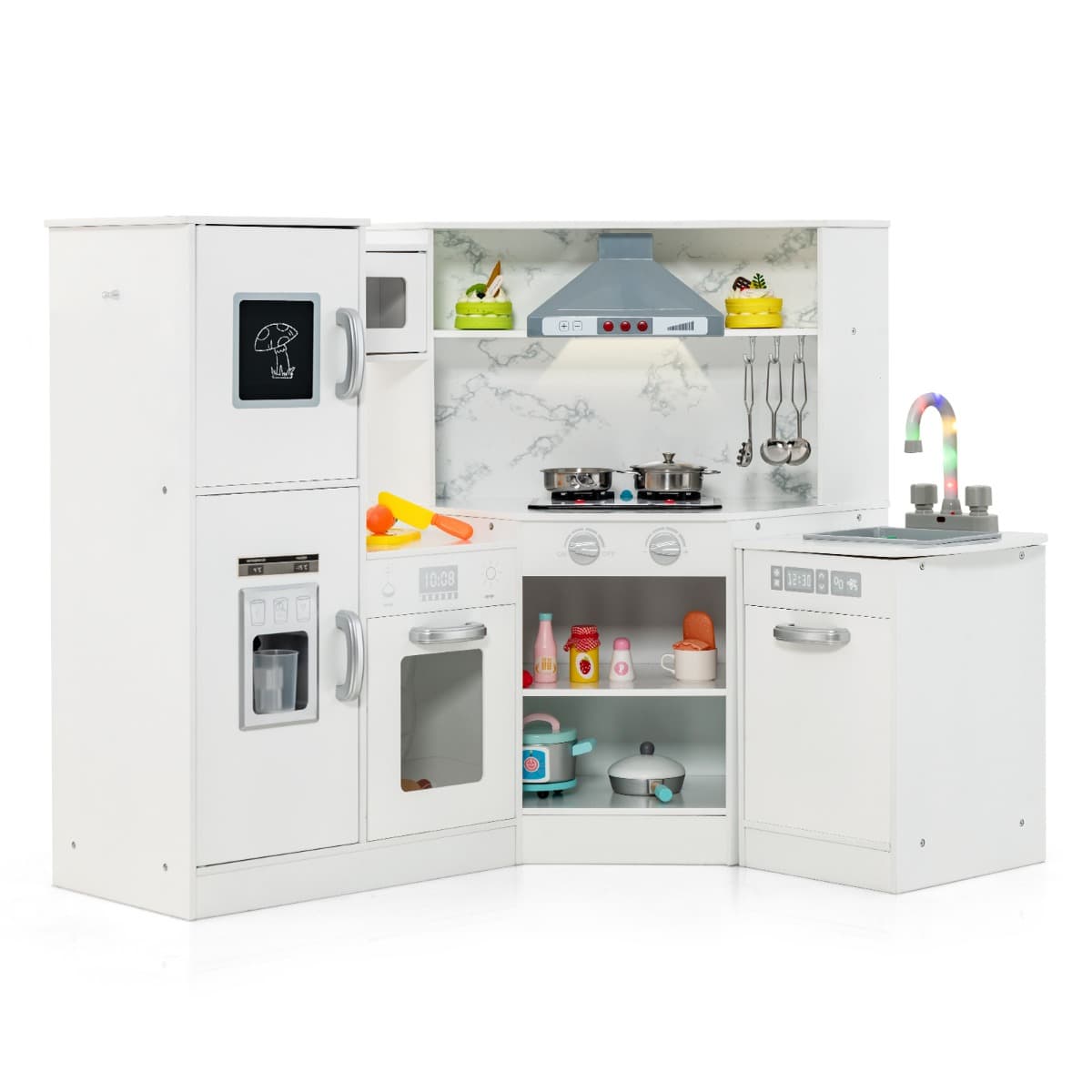 CostwayJeu de Cuisine d'Angle en Bois Évier Séparé Sons et Lumières Micro-ondes Machine à Glaçons et Lave-vaisselle Simulés Tableau Blanc
